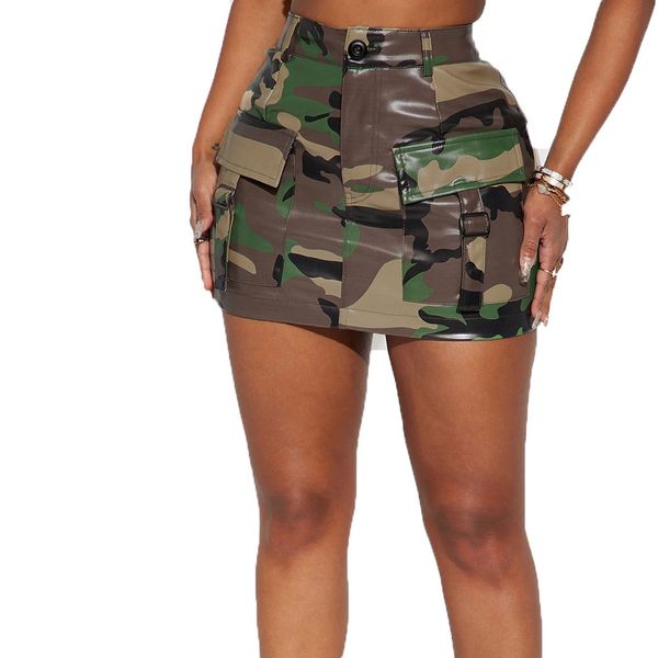 Designer PU Leather Camo Gonna Donna Vita alta Camouflage Bodycon Gonne Fahion Tasche Minigonna Y2k Sexy Fondo corto Bulk Vestiti all'ingrosso 10165