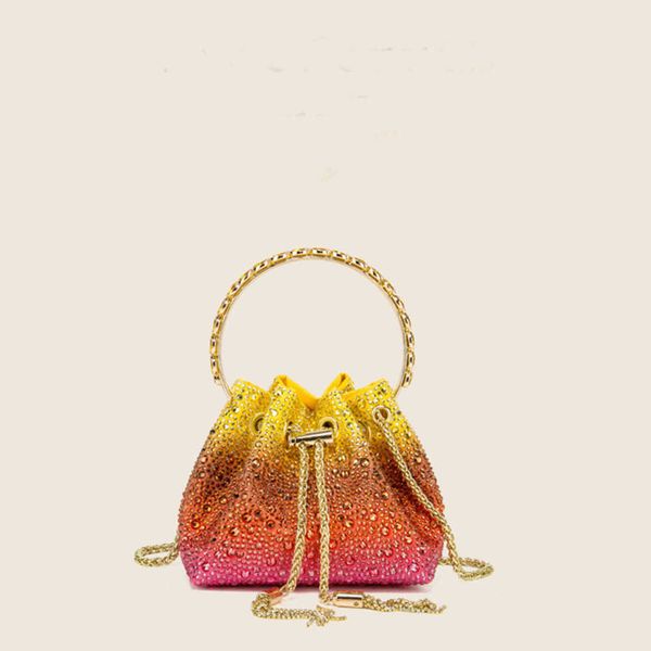 Bolsa feminina com balde de cristal de diamante, bolsa com anel de metal, bolsa colorida de pedra vulcânica, bolsa colorida spray 230926