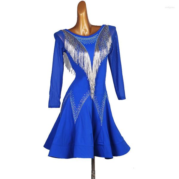 Bühnenkleidung Benutzerdefinierte Royal Blue Erwachsene Frauen Latin Dance Quaste Wettbewerb Kleid Sexy Ballsaal Show Kleidung Kostüm Damen Abend