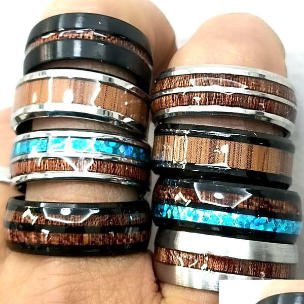 Bandringe Großhandel Neue Mischung 30 stücke Einzigartige Silber Schwarz Platte Ring Holz Wodden Edelstahl Drop Lieferung Schmuck DHQ28