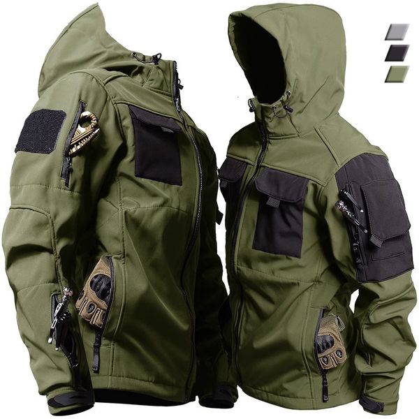 Giacche da uomo Giacche tattiche in pelle di squalo Uomo Militare Soft Shell Giacca impermeabile antivento con cappuccio Uniformi funzionali per esterni Multi-tasche 230926