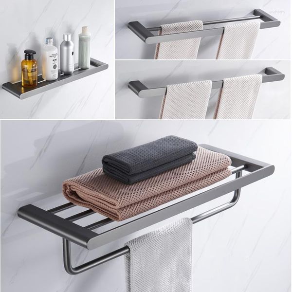 Set di accessori da bagno Portasciugamani in metallo grigio Mensola portaoggetti singola/doppia Accessori da bagno in acciaio inossidabile