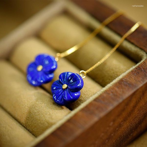 Brincos pendurados em ouro antigo, artesanato requintado, brincos de corrente longa em lápis-lazúli, flor azul vintage para mulheres, joias de casamento