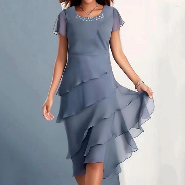 Freizeitkleider Damen-Chiffon-Kleid, weich, bequem, elegant, Midi, einfarbig, plissiert, für Damen, Urlaub