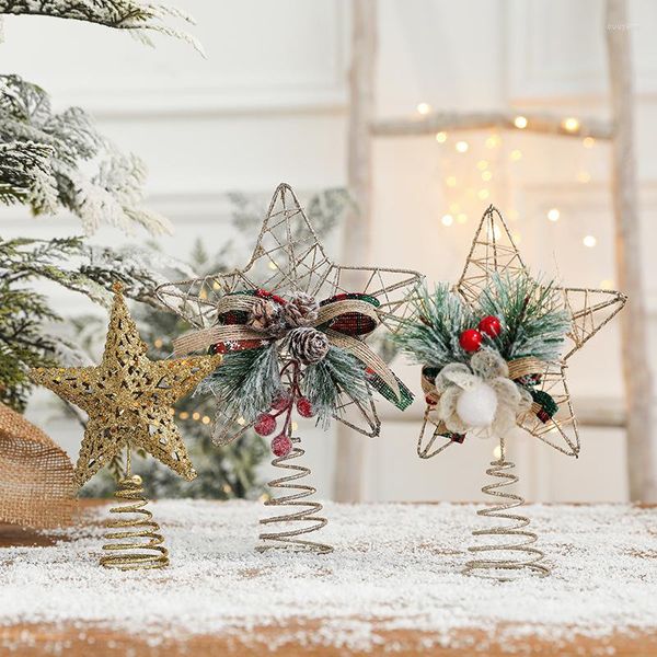 Decorações de Natal Árvore Top Ano Pentagrama Acessórios Ouro Ferro Estrela Lantejoulas Oco Arranjo de Flores Ornamento