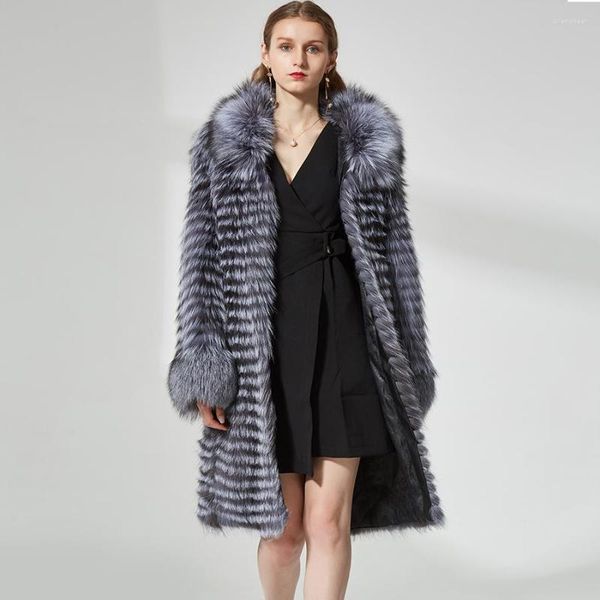 Frauen Pelz Natürliche Silber Mäntel Jacke Frauen Mode Winter Mantel Gestreiften Stil Lange Outwear