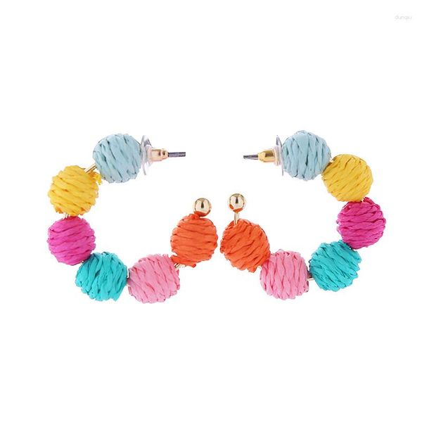 Серьги-кольца ручной работы, разноцветные соломенные вязаные шарики из ротанга для женщин, геометрические круглые летние украшения