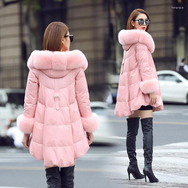 Casado de couro feminino 2023 Real Sheepskin Coat feminino com capuz de peles fêmeas casacos de pato de pato de baixo