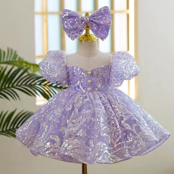 Lila Blumenkleider glänzende blaue Mädchen Festzug Kleid Bling Erste Kommunion Prinzessin Baby Geburtstagsfeier Kleider Ballkleider Kinder Kleidung 403