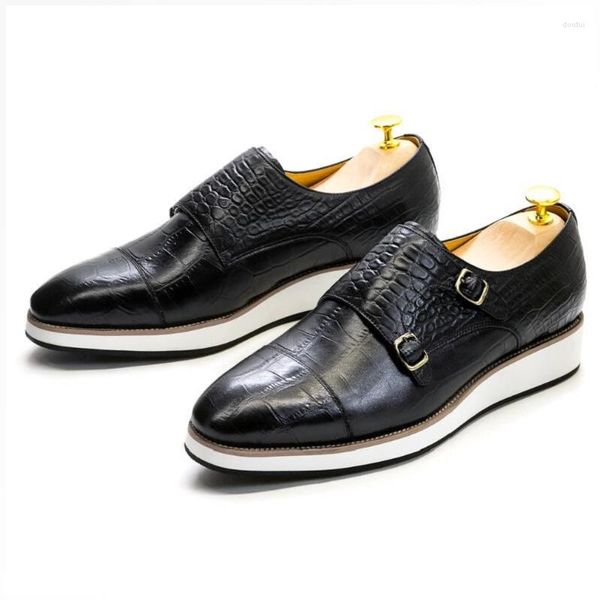 Sapatos de vestido clássico masculino casual couro genuíno crocodilo padrão homens moda fivela monge cinta tênis d2a13