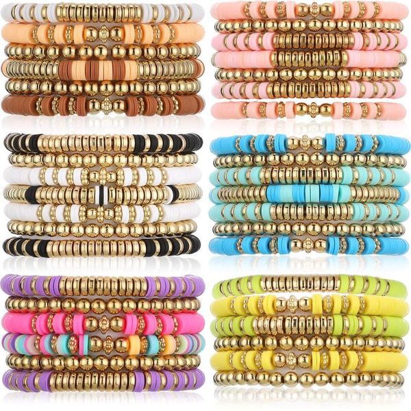 Bangle 7 pçs/set Bohemian Polímero Argila Pulseiras Conjunto Para Mulheres Multicamadas Elásticas Coloridas Beads Pulseira Moda Jóias Acessórios