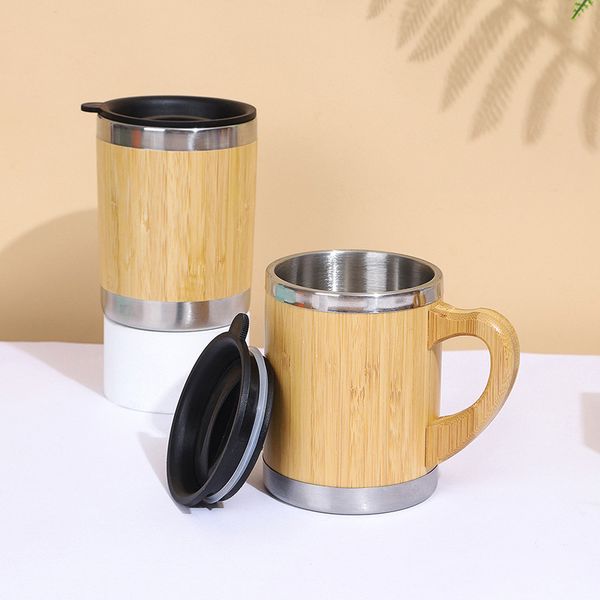 Canecas de leite para crianças 350ml, copo de bambu, aço inoxidável, canecas de café com alça e tampa, copos de água isolados ecológicos q593