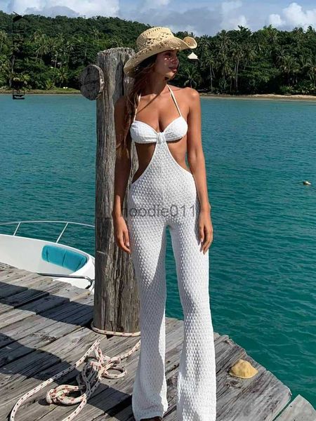 Женские комбинезоны Rompers BoozRey Hollow Out Women Jumpsuit Halter Neck Backless 2022 Лето без рукавов Пляжный белый комбинезон Сексуальные наряды Однотонная уличная одежда L230926