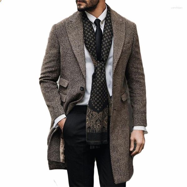 Мужская шерстяная куртка, зимнее пальто, твидовый длинный теплый пиджак в елочку, деловой пиджак