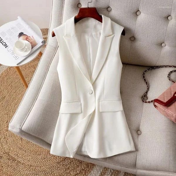 Coletes femininas primavera outono mulheres blazer colete médio longo único botão sem mangas terno jaqueta senhoras sólida outwear colete feminino casual