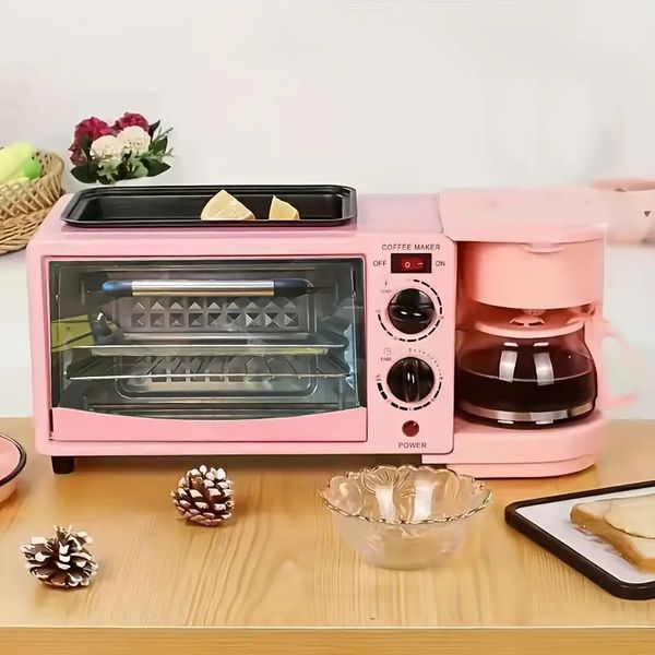 US-Stecker 3-in-1-Frühstücksmaschine Station Toaster Brotmaschine Ofen, 30-Minuten-Timer, Heizauswahlmodus, 4-Tassen-Kaffeemaschine, Backform, Toaster-Brotmaschine, Pink