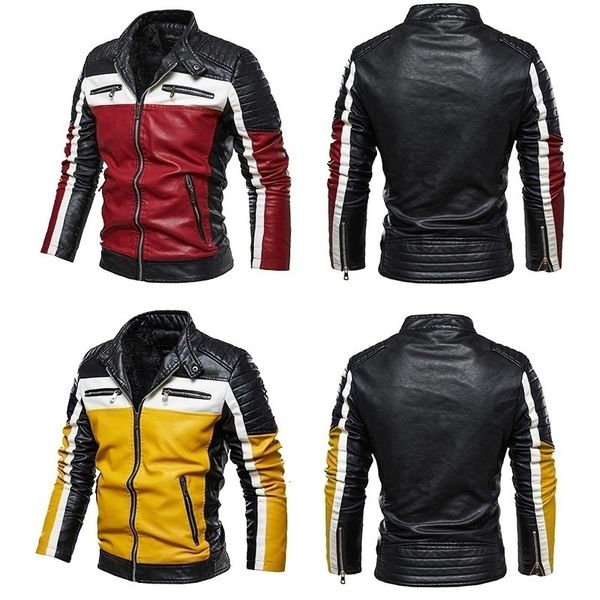 Giacche da uomo Giacca in pelle PU Patchwork Biker Casual Zipper Giacca da moto da uomo Slim Fit Cappotto foderato in pelliccia Giallo Nero 230925