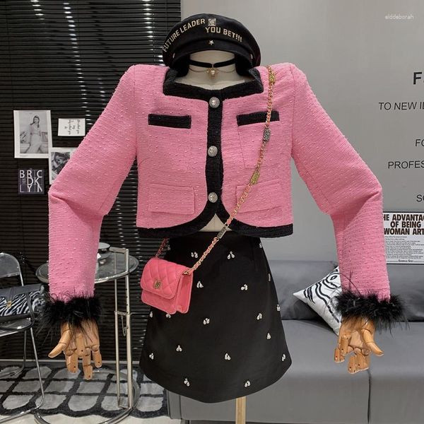 Giacche da donna Cappotto corto in tweed con risvolto e polsini in peluche versatili rosa dal design a maniche lunghe