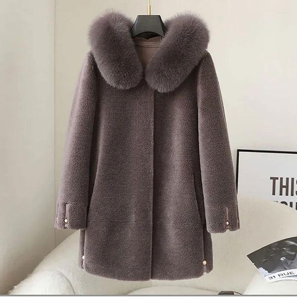 Cappotto in pile di pecora da donna in pelliccia per donna 2023 Autunno Temperamento colletto reale con cappuccio tutto in una pelle calda cappotti di lana femminile