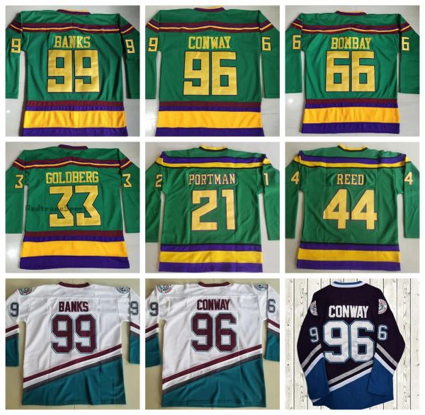 Top Movie Mighty Green Ducks Hóquei Jerseys 96 Charlie Conway 99 Adam Banks 66 Gordon Bombay 44 Fulton Reed 33 Greg Goldberg 21 Dean Portman Ed Jersey Mens