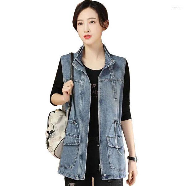 Damenwesten 2023 Frühling Herbst Mode Stehkragen Denim Weste Frauen Koreanische ärmellose Jacke Weste Tasche Reißverschluss Jeans Mantel Damen