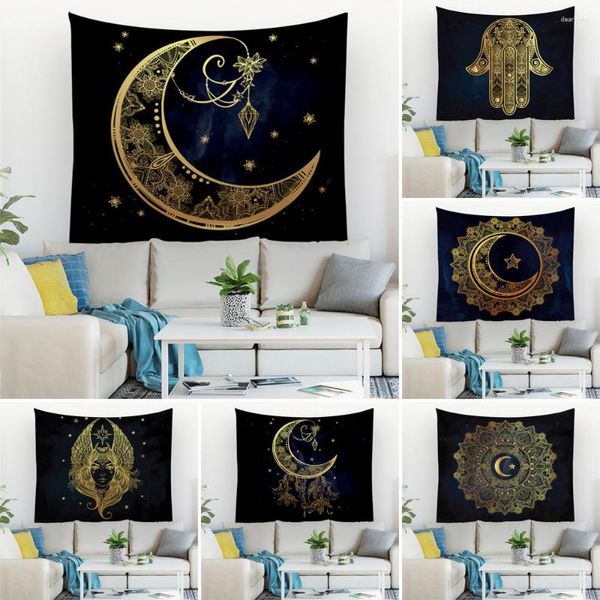 Tapeçarias FG Gold Moon Padrão Decorativo Tapeçaria Lotus Mandala Impresso Decoração de Parede Sala de estar Quarto Decoração de Casa