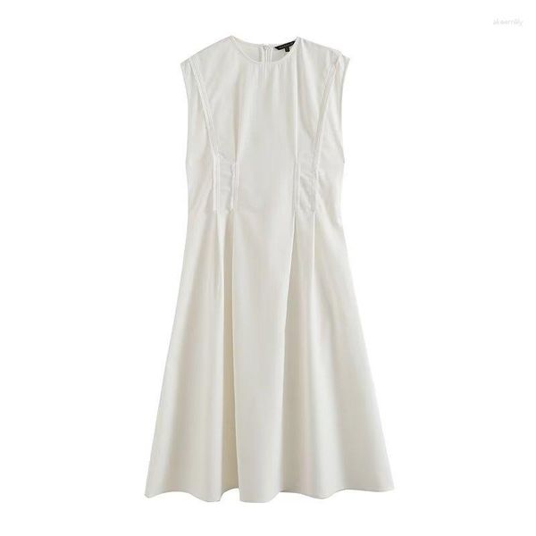 Günlük elbiseler Kore tarzı keten yaz elbisesi zarif kolsuz yüksek bel vestido beyaz ofis bayan