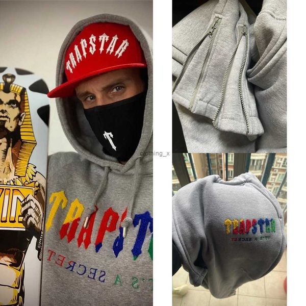 Regenbogen-Schal-Stickerei, Plüsch, Trapstar-Kapuzenpullover, Reißverschluss, Hose, modischer Kapuzenpullover für Männer, Hip-Hop-Sweatshirt, Kapuzenpullover, lässige Sportbekleidung