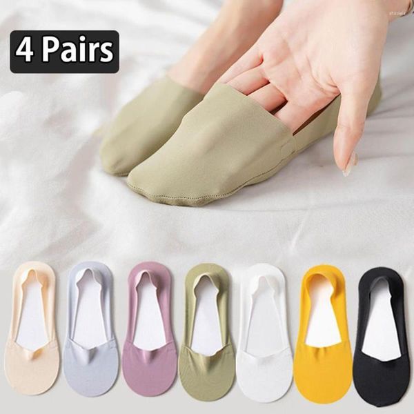 Meias femininas 4 pares de silicone antiderrapante gelo seda verão respirável meia chinelos baixo corte barco algodão inferior rápido