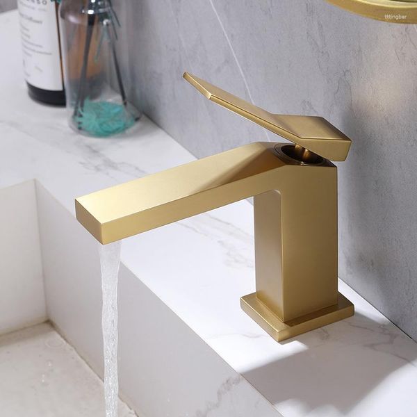 Badezimmer-Waschtischarmaturen, quadratischer Wasserhahn, mattschwarz, Einloch-Waschbecken, gebürstetes Gold, Wassermischer