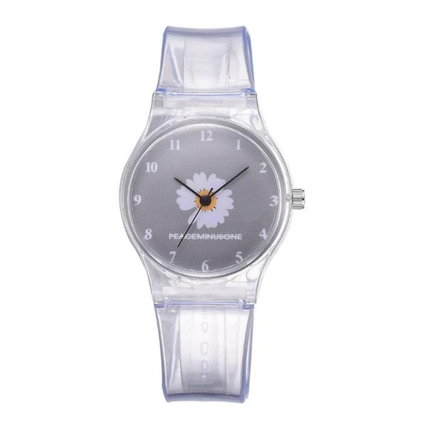 Piccolo orologio Daisy Jelly Studenti Ragazze Simpatico cartone animato Crisantemo Orologi in silicone Cinturino trasparente Quadrante grigio Orologi da polso301S