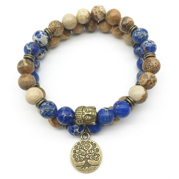 SN1281 Trendiges Designer-Buddha-Kopf-Armband-Set, Bildjaspis, dunkelblaues Regalit-Armband, Baum des Lebens, Naturstein, Schmuck285t