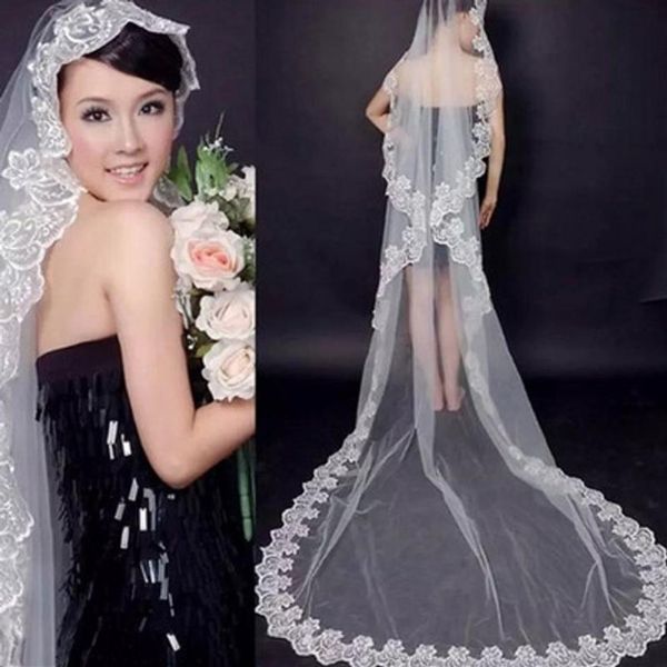 Nuovo uno strato di velo da sposa in pizzo cattedrale 3M lungo appliques bordo accessori da sposa bohémien senza pettine Veu De Noiva Longo 202300o