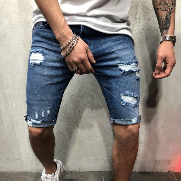 Shorts masculinos Marca Homens Jeans Calças Curtas Destruídas Skinny Rasgada Calça Desgastada Denim