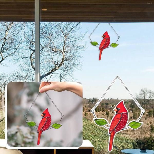 Estatuetas decorativas cardinal pássaro vitral suncatcher tingimento decoração janela pendurado tema jardinagem ao ar livre itens de natal