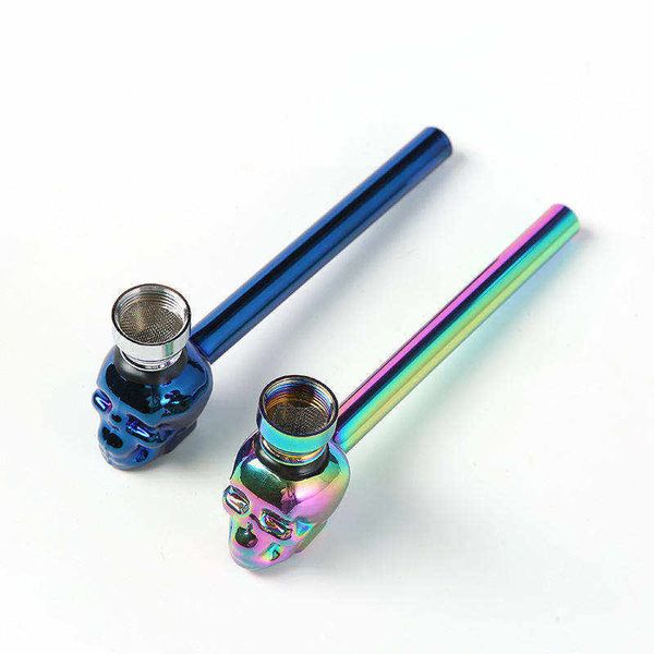 Cachimbos de metal de crânio arco-íris tabaco erva seca queimador de cigarro colher de mão bongs de limpeza destacáveis com malha de tela de filtro acessórios portáteis para fumar