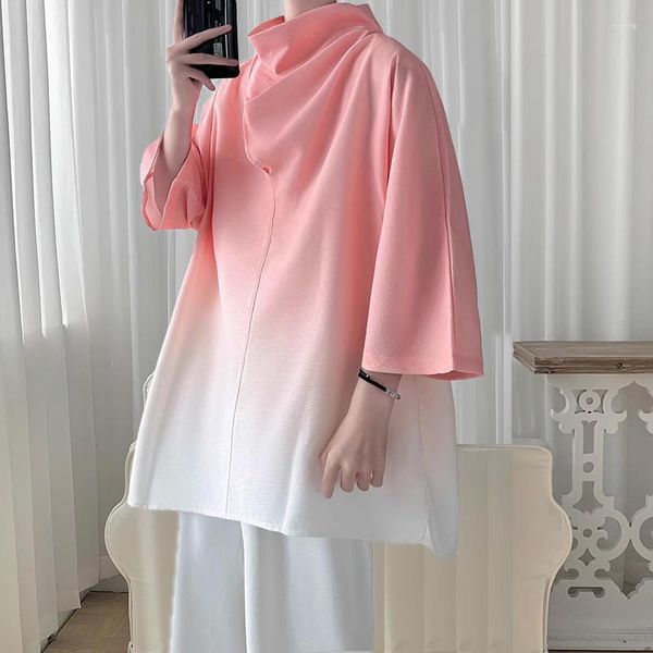 Mulheres Camisetas Camisa Gradiente Homens Mulheres Oversize Irregular High Neck Ice Silk LGBT Personalizado Manga Curta Tee Coreano Pilha Collar Solto