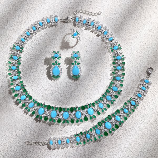 Set di gioielli da sposa Set di lusso di grandi dimensioni per le donne Verde Blu Rosa Cubic Zirconia Dubai Bridal 230926