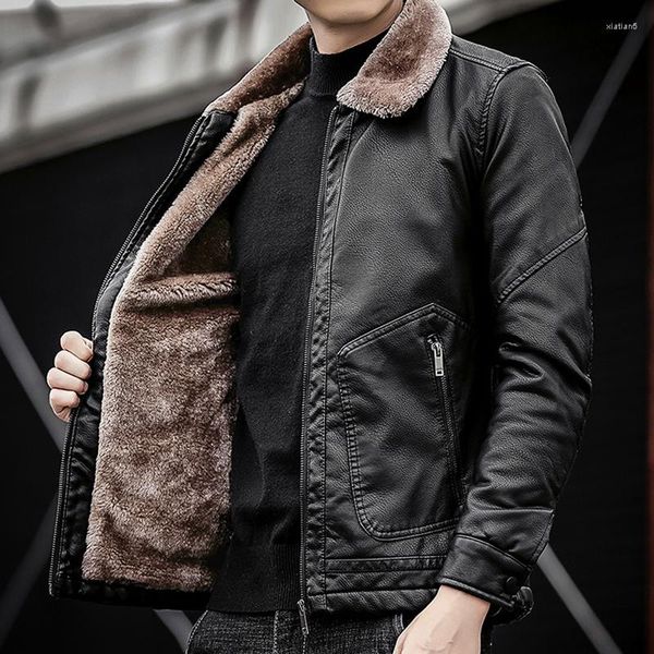 Мужская меховая брендовая мужская кожаная куртка, зимняя корейская версия, плюс бархатные толстые теплые пальто с воротником, верхняя одежда