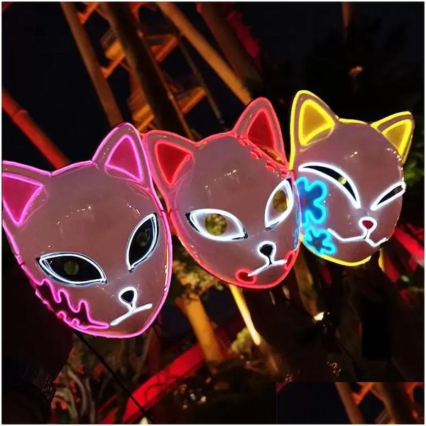 Partymasken Demon Slayer Glowing El Wire Maske Kimetsu No Yaiba Charaktere Cosplay Kostümzubehör Japanischer Fuchs Halloween Led Dro Otwjk