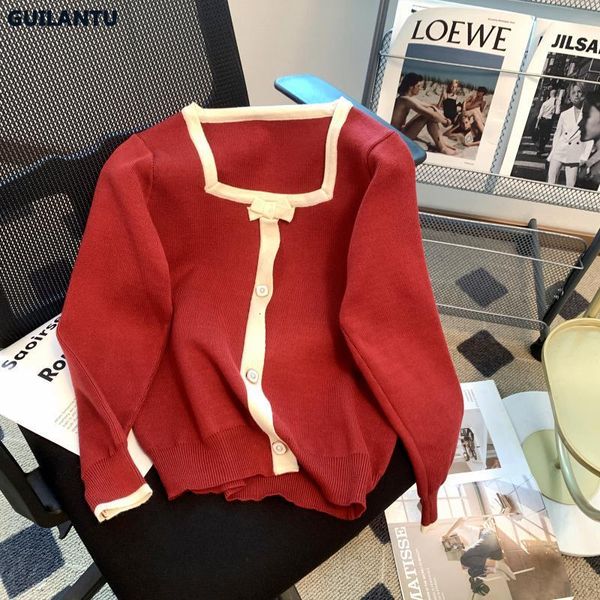 Maglioni da donna Autunno Pullover coreano Maglione da donna lavorato a maglia Colletto quadrato rosso Manica lunga Top femminile Chic Dolce maglione lavorato a maglia Donna 230925