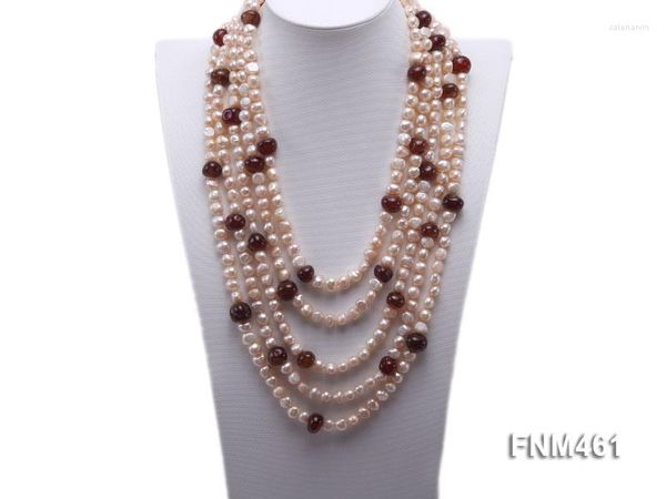 Колье с жемчугом Териса, 5 нитей, ожерелье из розового пресноводного и красного агата с серебряной застежкой для женщин T-FNM461