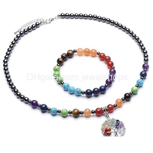 Bracciale Collana Sette Chakra Set di gioielli in ematite Pietra curativa Fascino con perline elasticizzate con chiusura a moschettone per ragazze e goccia Deli Dhyrd