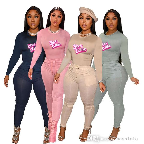 Designer Mulheres Vestuário Fatos Outono Inverno Cor Sólida Manga Longa Carta Impressão Casual Duas Peças Calças Set Outfits Senhoras Nova Moda Casual Sportwear