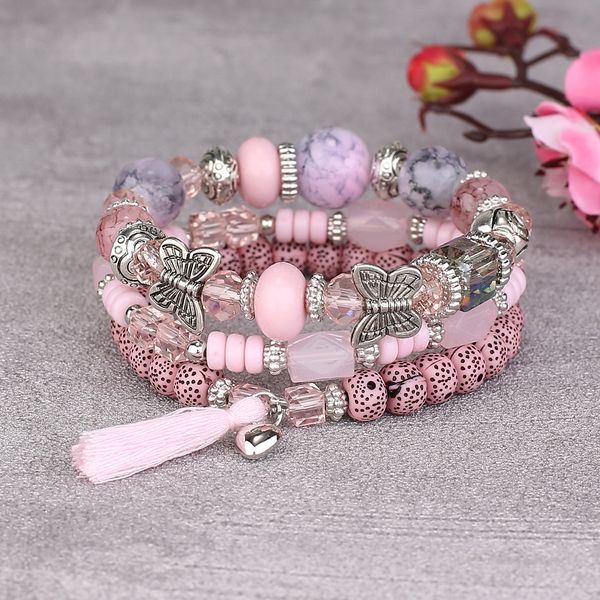 Perlen Bangel 3pcs Boho Bohemian Pink Schmetterling Anhänger Charme Perlen Armbänder für Frauen Stein Armband Armband Pulseras Feminina 230925 Set