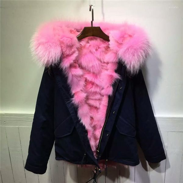 Pelliccia da donna di alta qualità rosa grande colletto di procione capispalla gamba spessa giacca interna cappotto invernale con cappuccio reale da donna