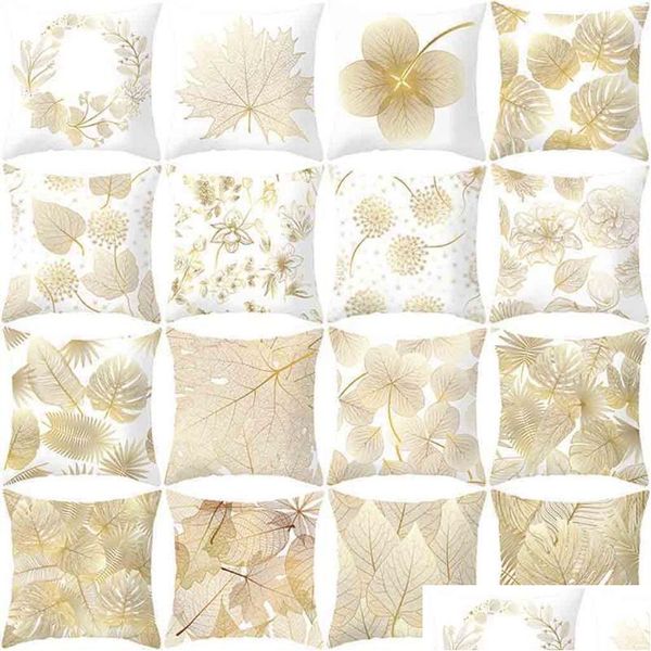 Almofada / Travesseiro Decorativo Er Gold Plant Case Preto e Branco Dourado Pintado Fronha Sofá Decorativo Home Decor Sala de estar Drop D OTHQ5