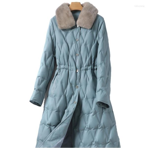 Jaqueta de couro feminina para baixo inverno comprimento médio casaco preto rendas até cintura coleção temperamento gola vison pato branco
