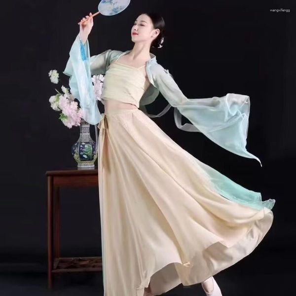 Bühnenkleidung Traditionelle chinesische Tanzaufführung Dreiteiliges Kleid Lockerer Stil Elegantes klassisches Training Hanfu Qipao Kostüm