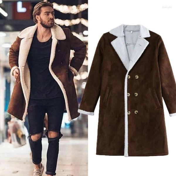 Lã masculina 2023 moda masculina lã de pele mistura cor marrom trench coat casaco lapela quente fofo jaqueta outerwear masculino menino